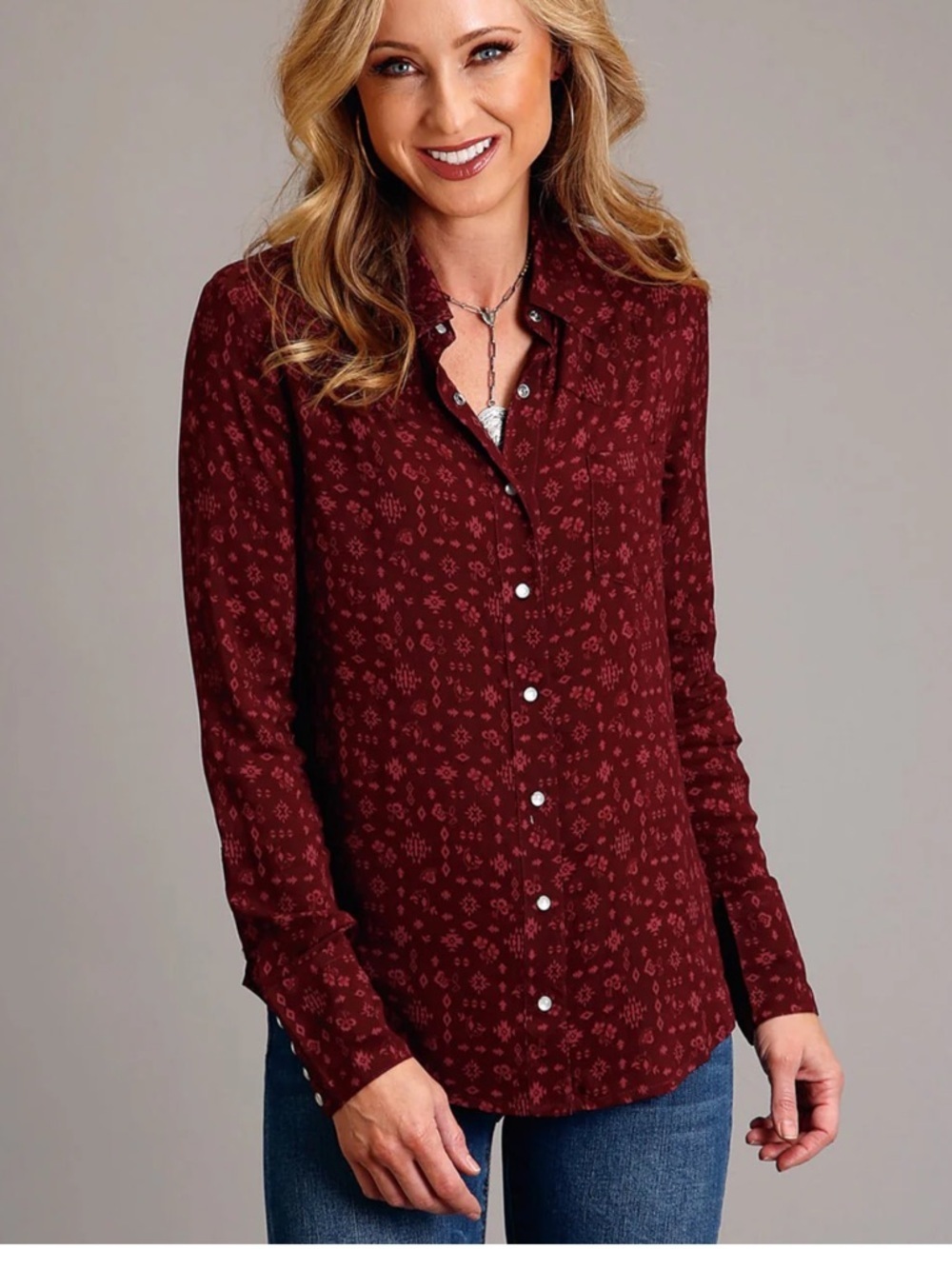 Stetson Western Button Down Shirt Burgundy Print Size Large